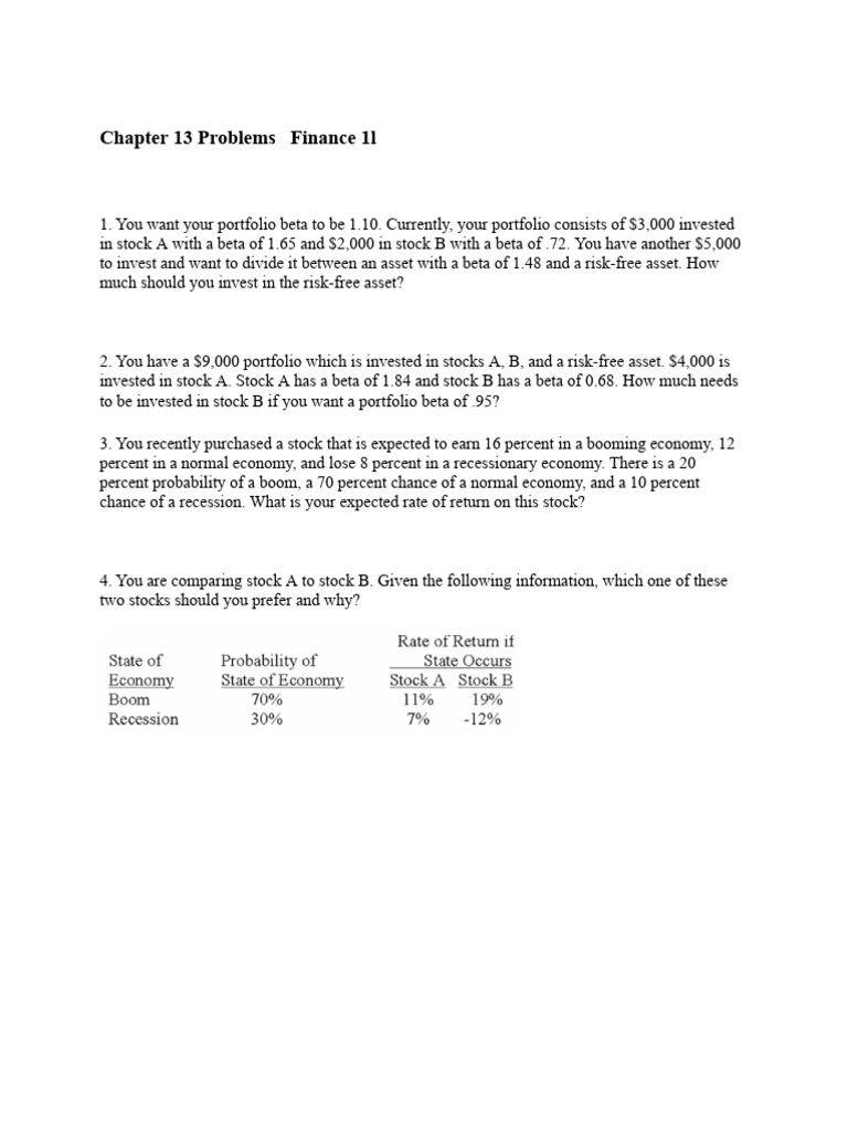 Chapter 13 Finance LL - Additional Problems - BB | PDF | Beta (Finance) |  Risk Premium