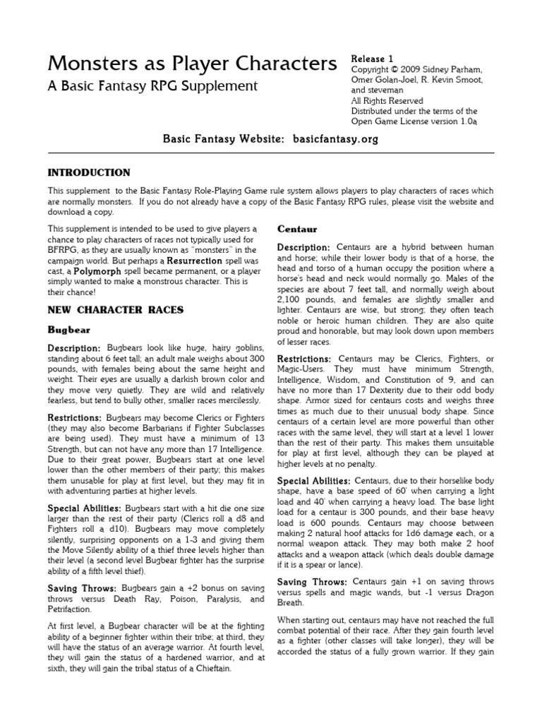 Basic Fantasy Monsters As Player Characters | PDF | Copyright | Trademark