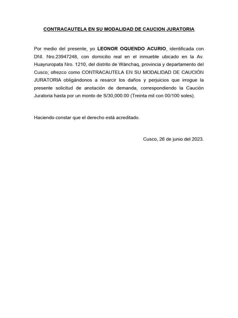 Contracautela en Su Modalidad de Caucion Juratoria | PDF