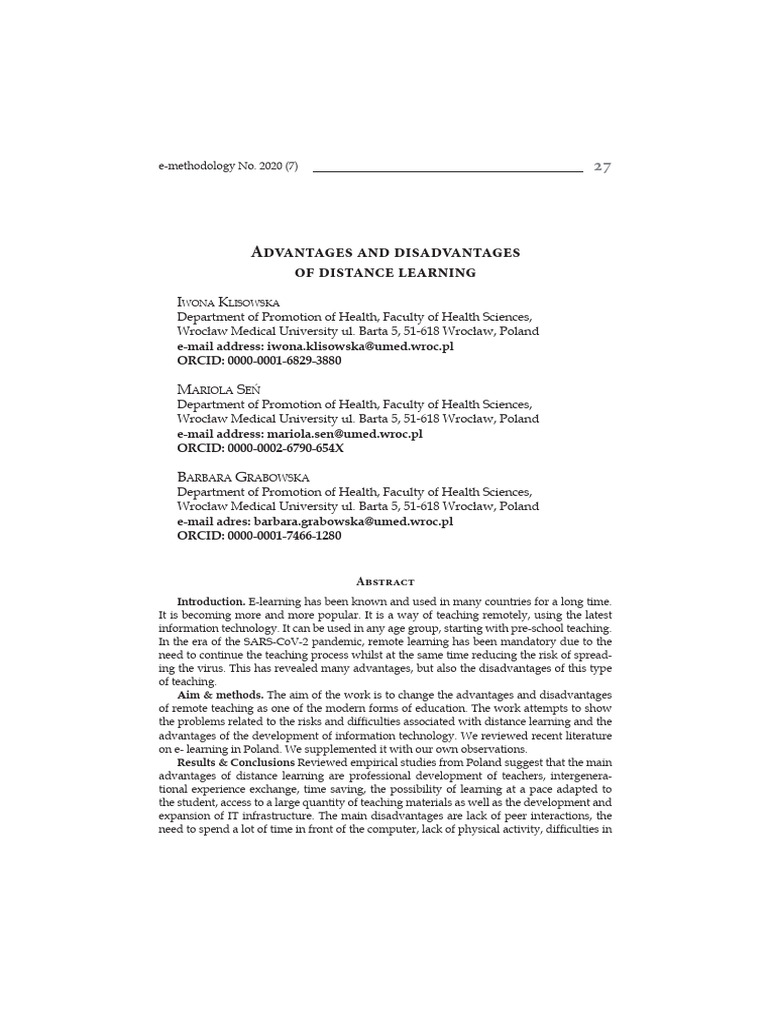 Advantages And Disadvantages Of Distance Learning Pdf