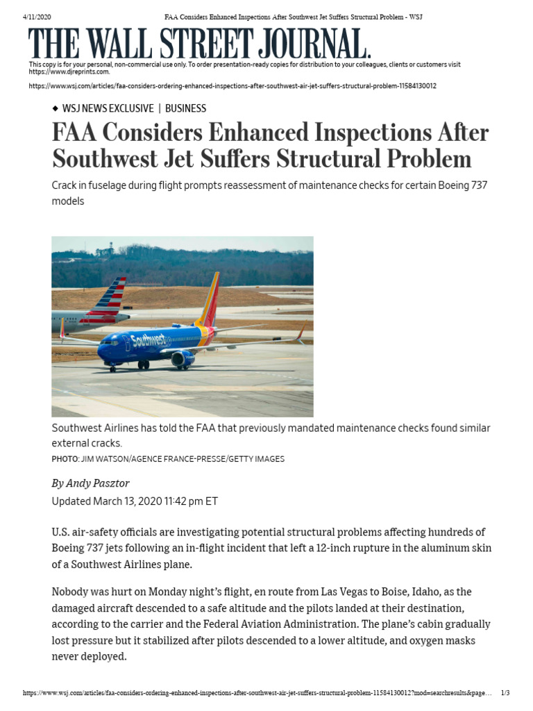 Faa considers enhanced inspections after southwest jet suffers