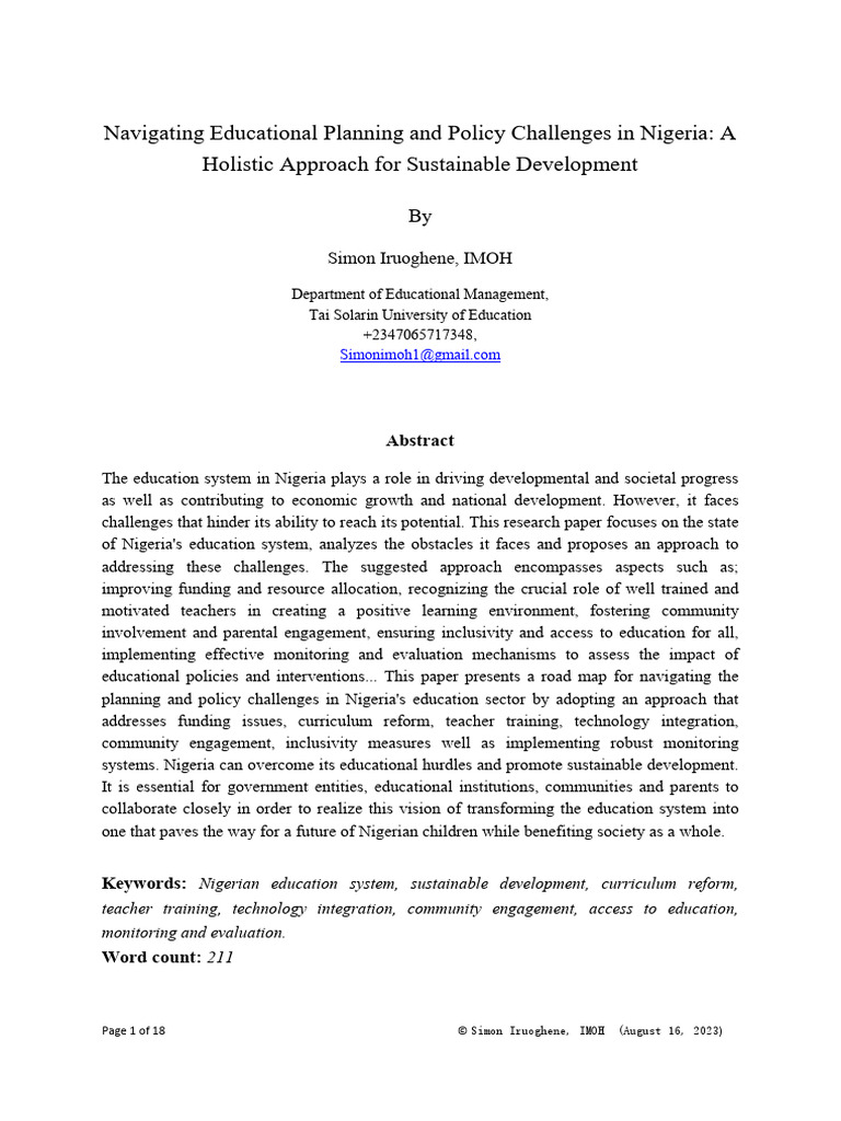 Navigating Educational Planning and Policy Challenges in Nigeria: A ...