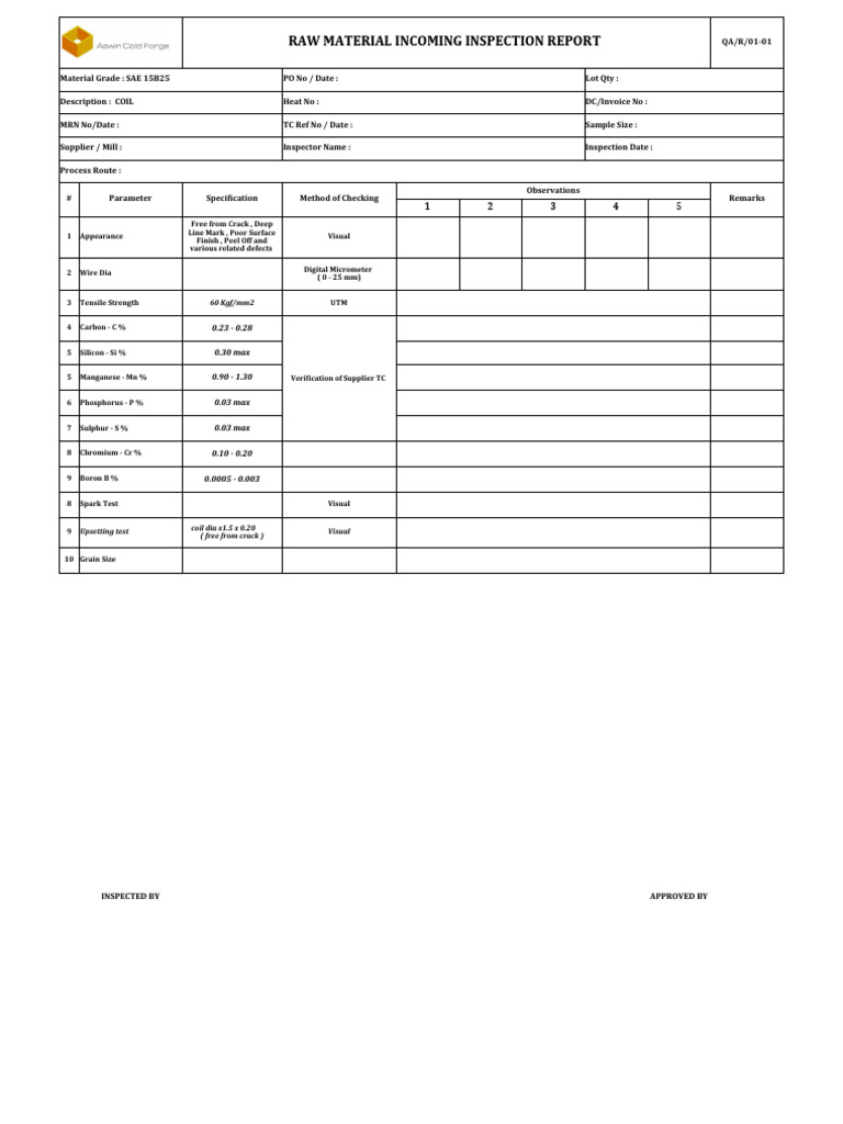 Raw material incoming inspection report 0 23 0 28 0 30 max 0 90 1 