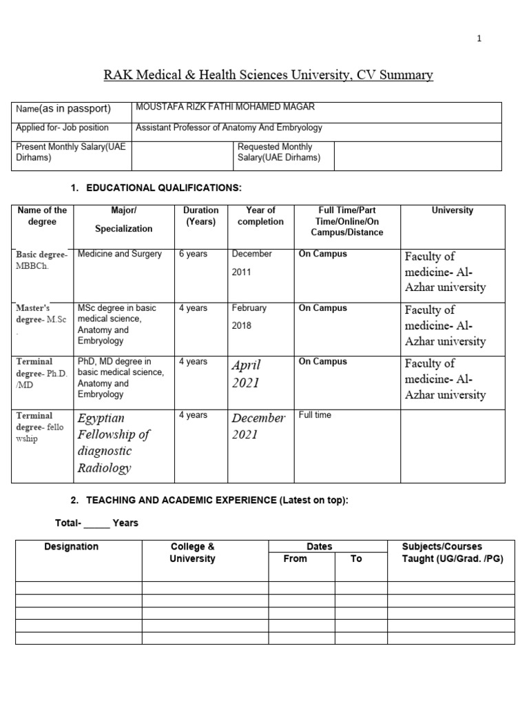 Assistant Professor CV: Anatomy & Embryology | PDF | Academic Degree ...