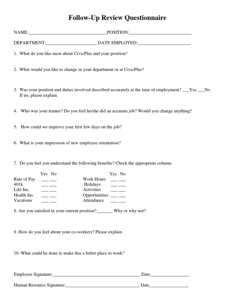 Employee Follow-Up Review Questionnaire | PDF | Working Conditions ...