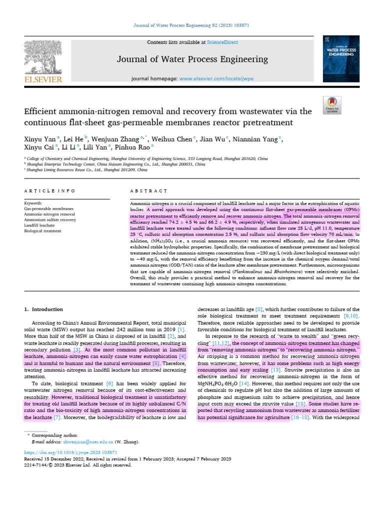 Efficient Ammonia-Nitrogen Removal and Recovery From Wastewater Via The ...