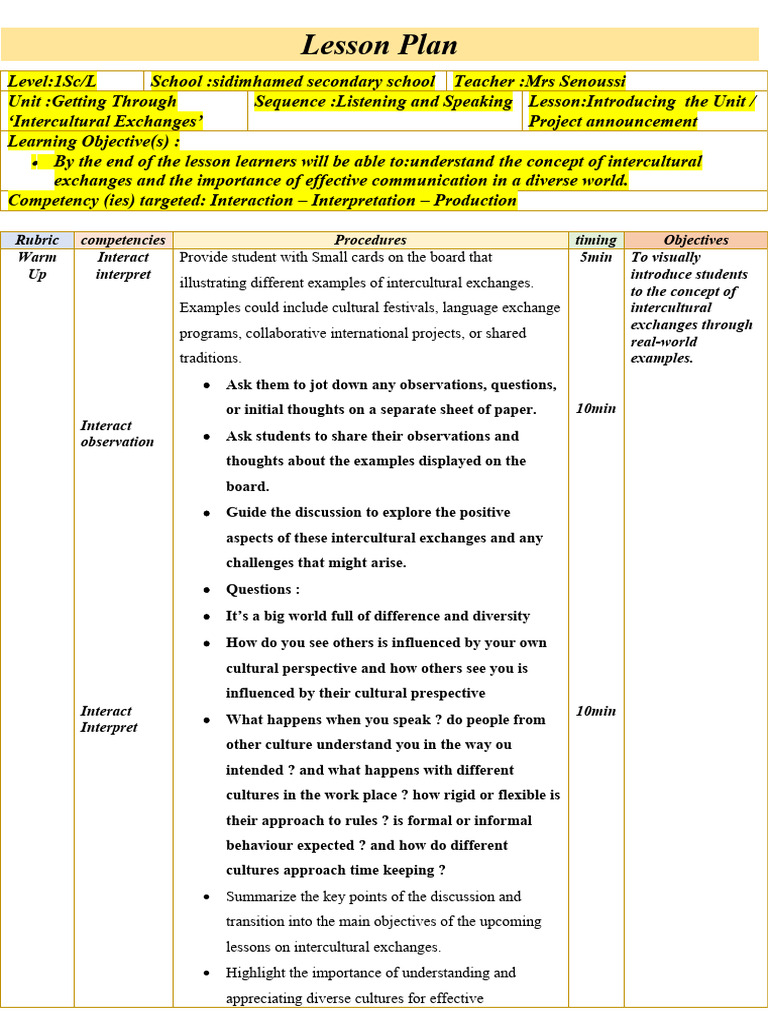 Intercultural Exchanges Lesson Plan | PDF