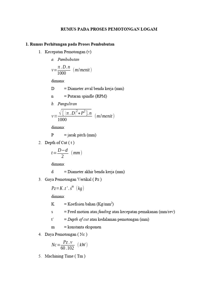 Rumus Dalam Proses Permesinan | PDF