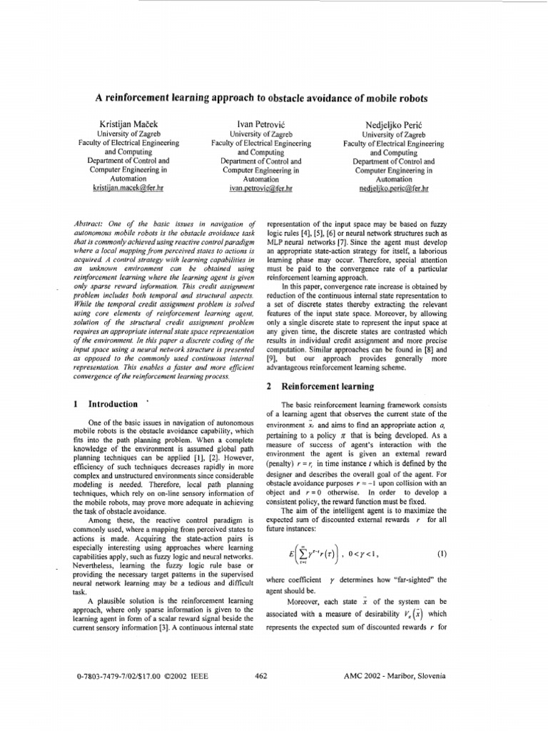 A Reinforcement Learning Approach to Obstacle Avoidance of Mobil | PDF ...
