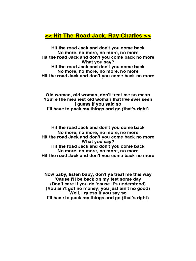 Letra en ingl s de la canci n hit the road jack de rey charles pdf