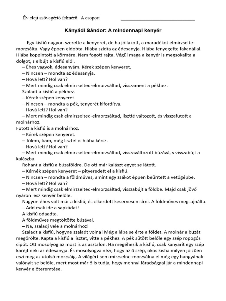 Év eleji szövegértés AB (1) | PDF
