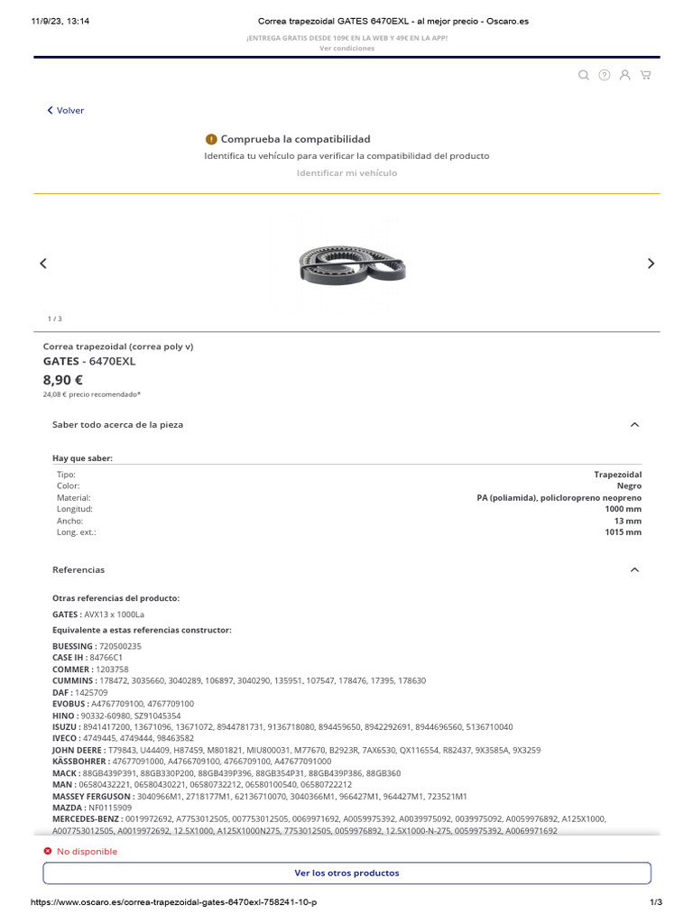 1442293 GATES Correa Trapezoidal Long.: 2870mm | AUTODOC