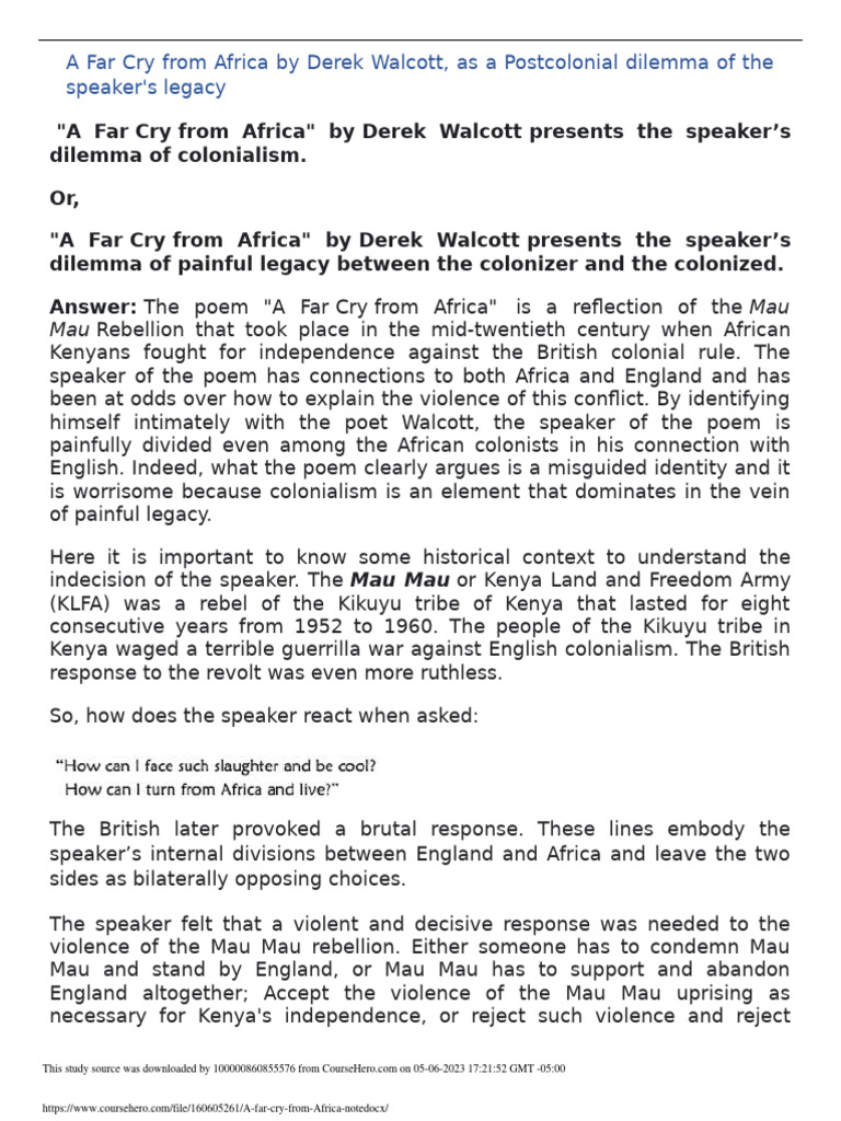 A Far Cry From Africa Note | PDF | Kenya | Colonialism