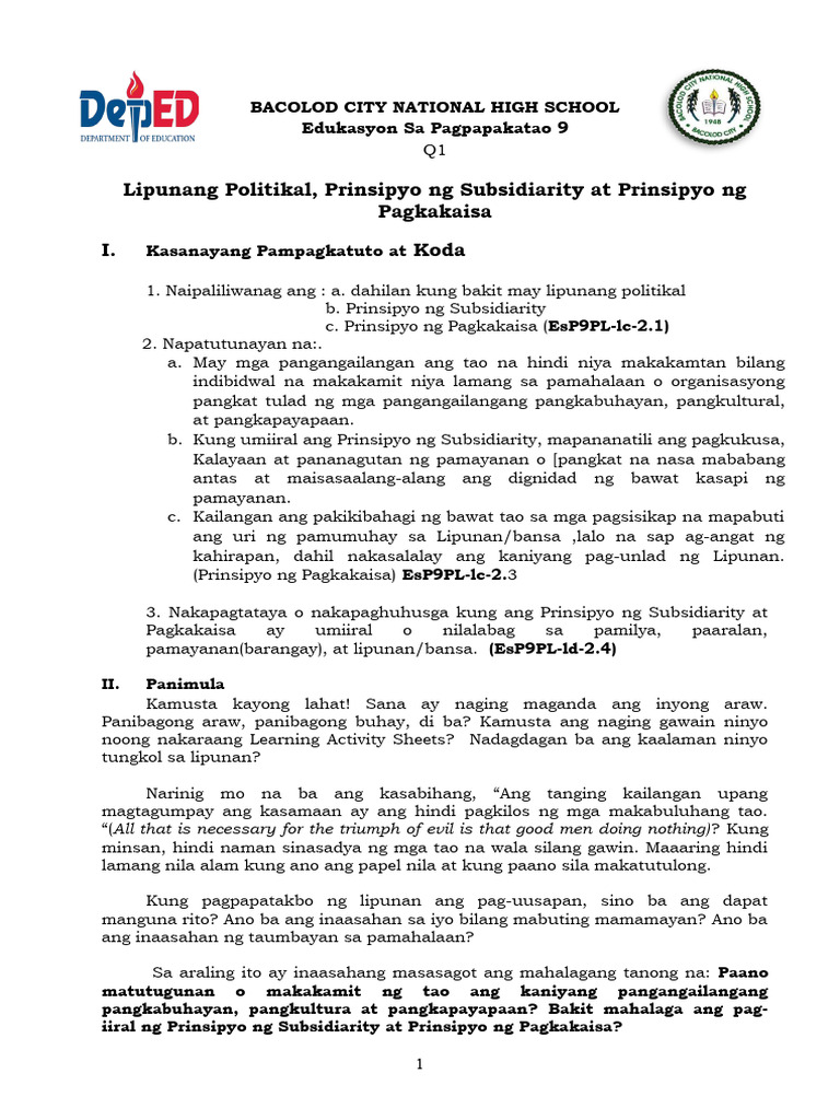 Las Q1 Grade 9 Melc 2 1 2 4 Sy 2022 2023 Pdf