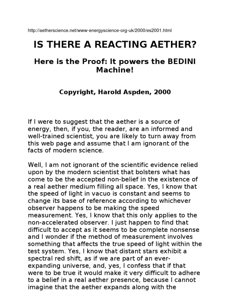 Aether Science - Is There A Reacting Aether - by Aspden Harold | PDF ...