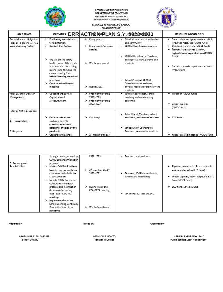 DRR Action Plan for Biasong Elementary | PDF | Teachers | Occupational ...