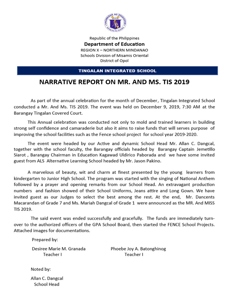 Narrative Report MR AND MS TIS 2019 | PDF