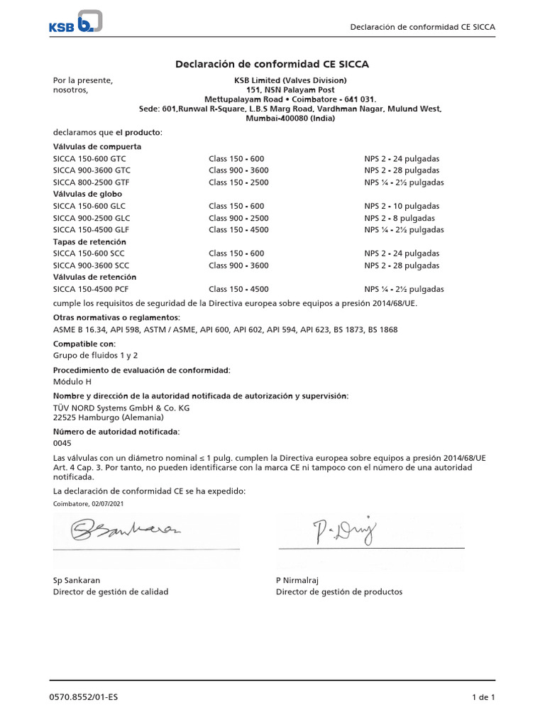 Declaración CE Válvulas SICCA 2014/68/UE | PDF