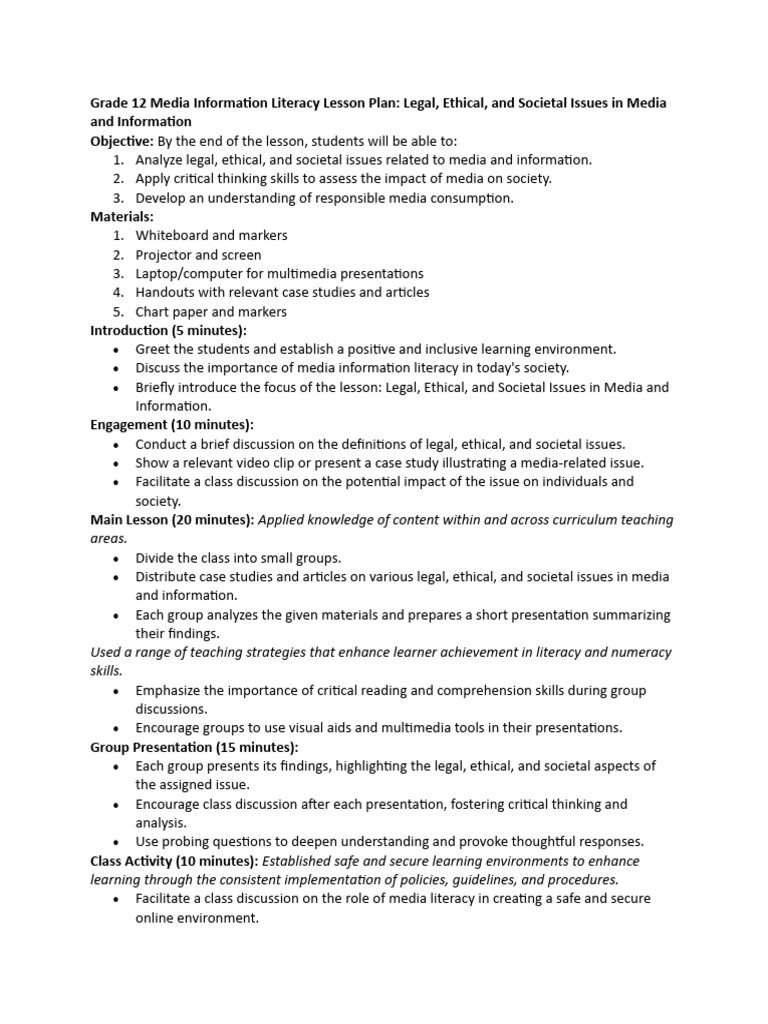 Grade 12 Media Literacy Lesson Plan | PDF | Career & Growth
