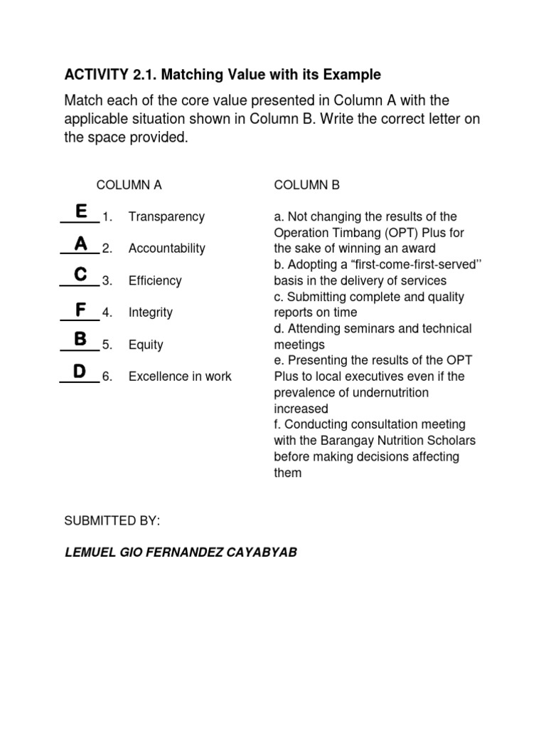 Core Values Matching Activity Guide | PDF