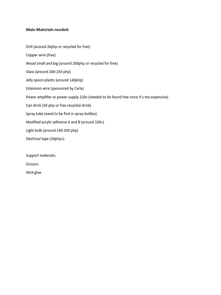 Main Materials Needed PDF