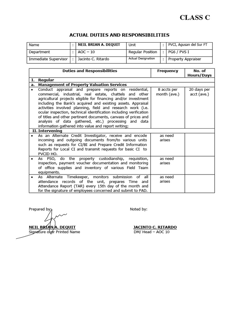 Actual Duties & Responsibilities of appraiser PDF Real Estate Appraisal Investing