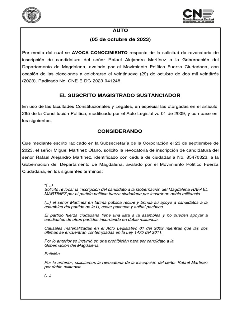 Auto de avoca conocimiento del Consejo Nacional Electoral PDF