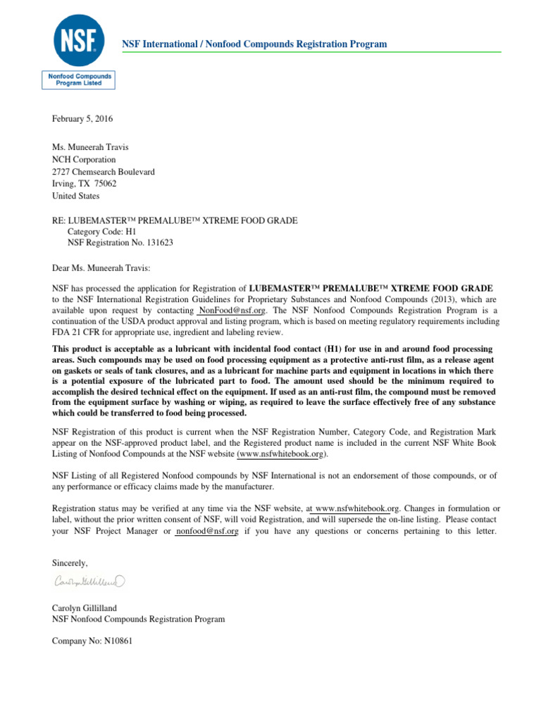 NSF Premalube Xtreme FG PDF