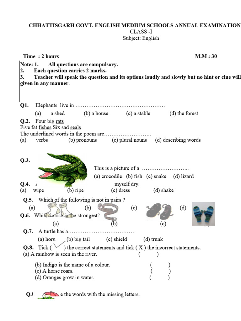 CBSE Class 1 English Set 1 Question Paper PDF English Language
