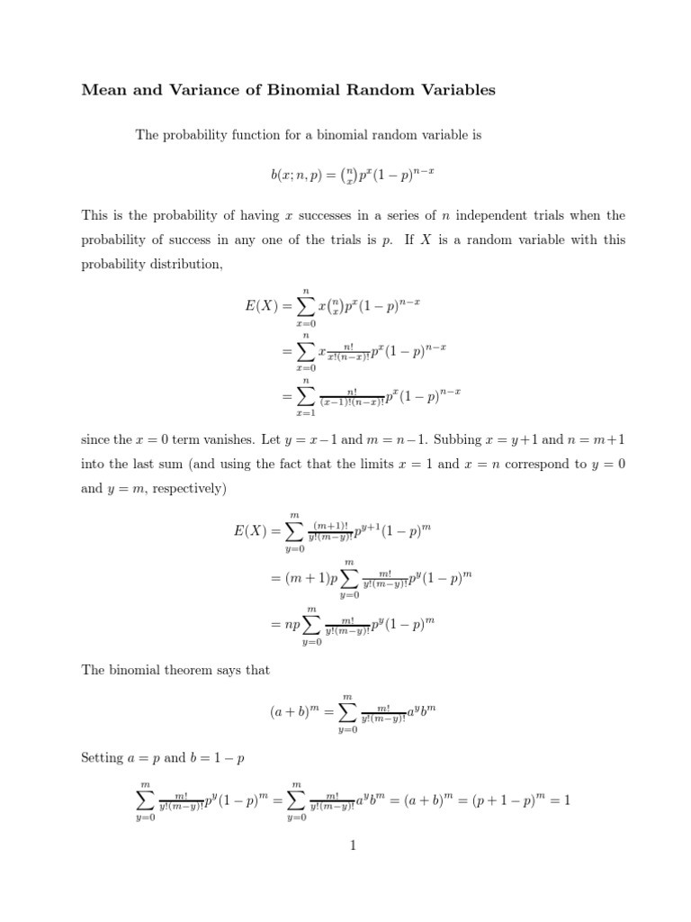Mean and Variance of Binomial Variables | PDF