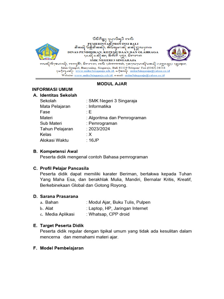 Modul Ajar Pemrograman SMK 2023/2024 | PDF | Seni | Komputer