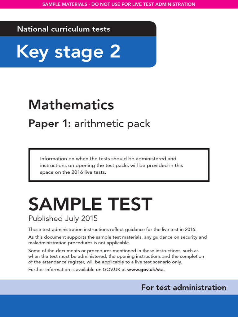 2016 Sample Key Stage 2 Year 6 - Mathematics Administering Paper 1 ...