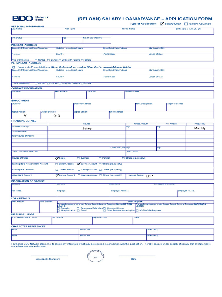 For Reloan - Version 2.2022 Salary Loan Application Form | PDF