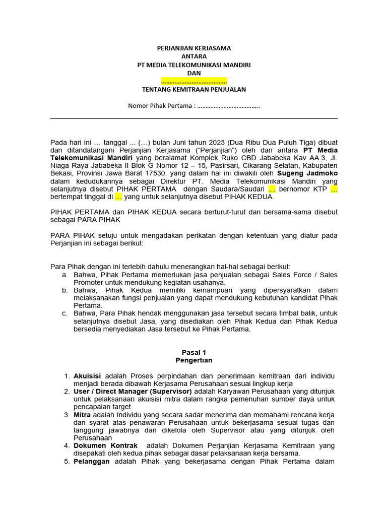 Perjanjian Kerjasama Penjualan 2023 | PDF | Pengelolaan Keuangan & Uang ...