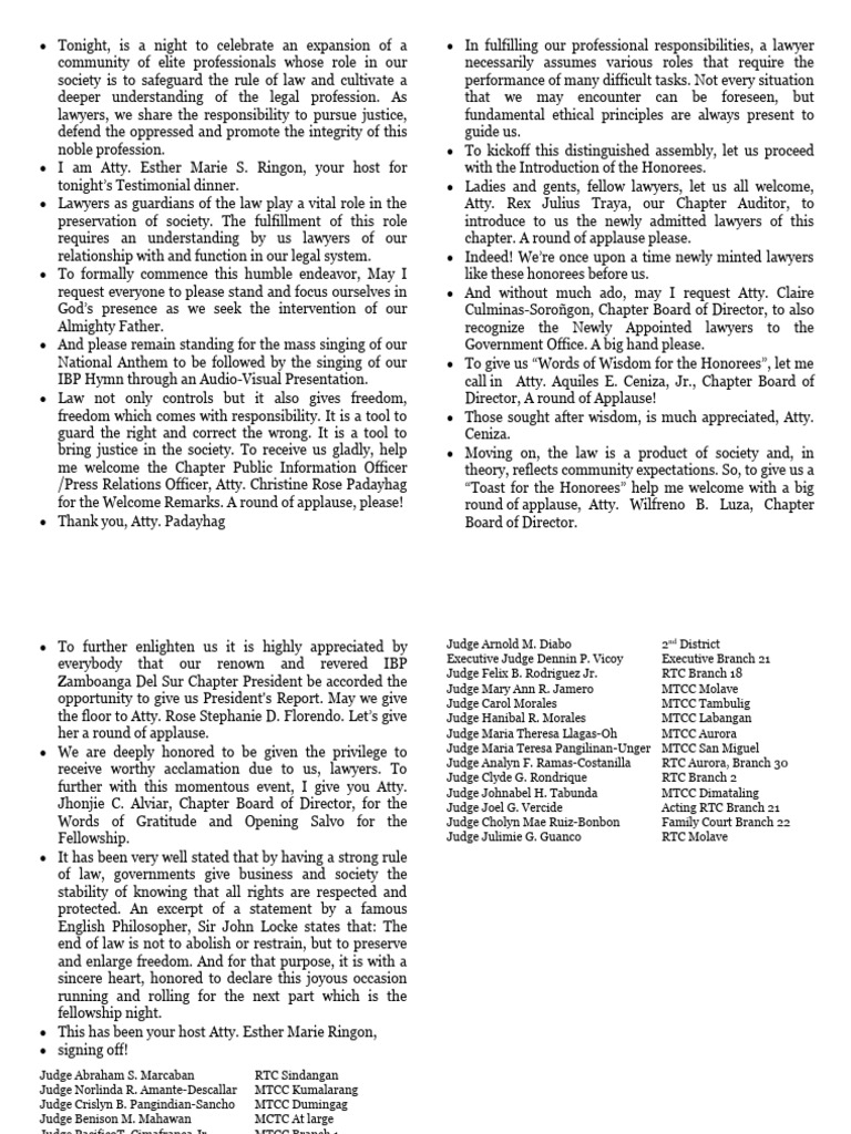 Testimonial Dinner Script | PDF | Law