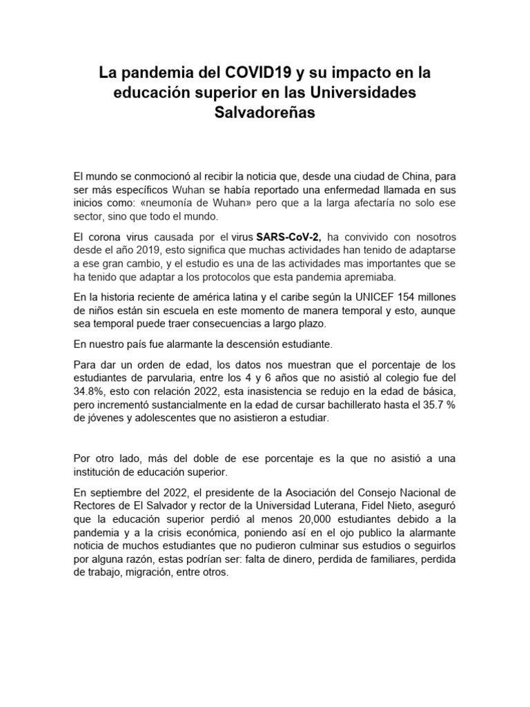 La Pandemia Del COVID19 y Su Impacto en La Educación Superior en Las ...