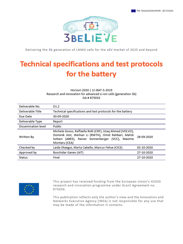 Picture of D1.2 Technical Specifications and Test Protocols For The Battery | PDF