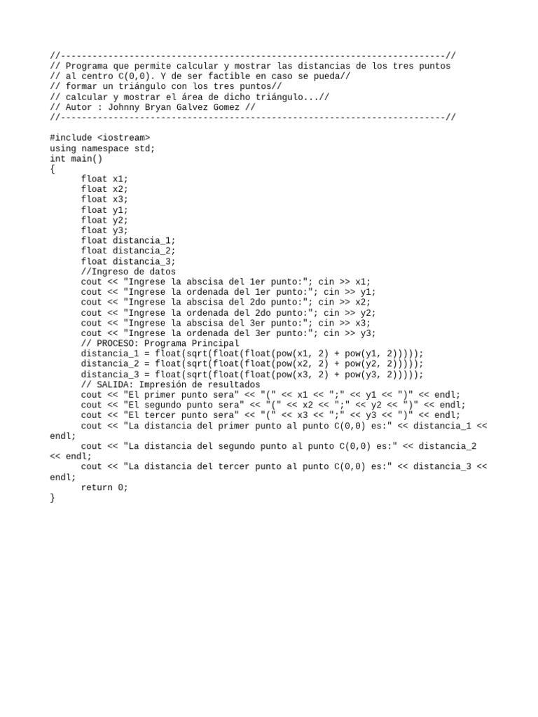 Distancias y área de triángulo en C++ | PDF