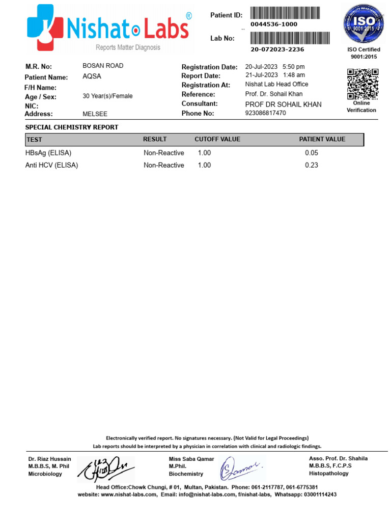 Sohail Lab Special Chemistry Report | PDF