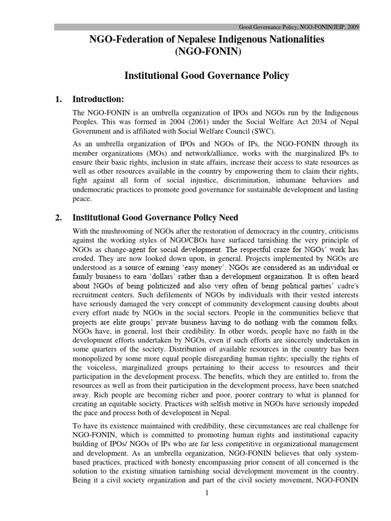 NGO-FONIN Good Governance Policy 2009 | PDF