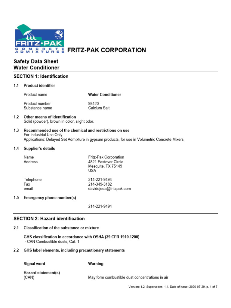 Sds WaterConditioner PDF Dangerous Goods Personal Protective