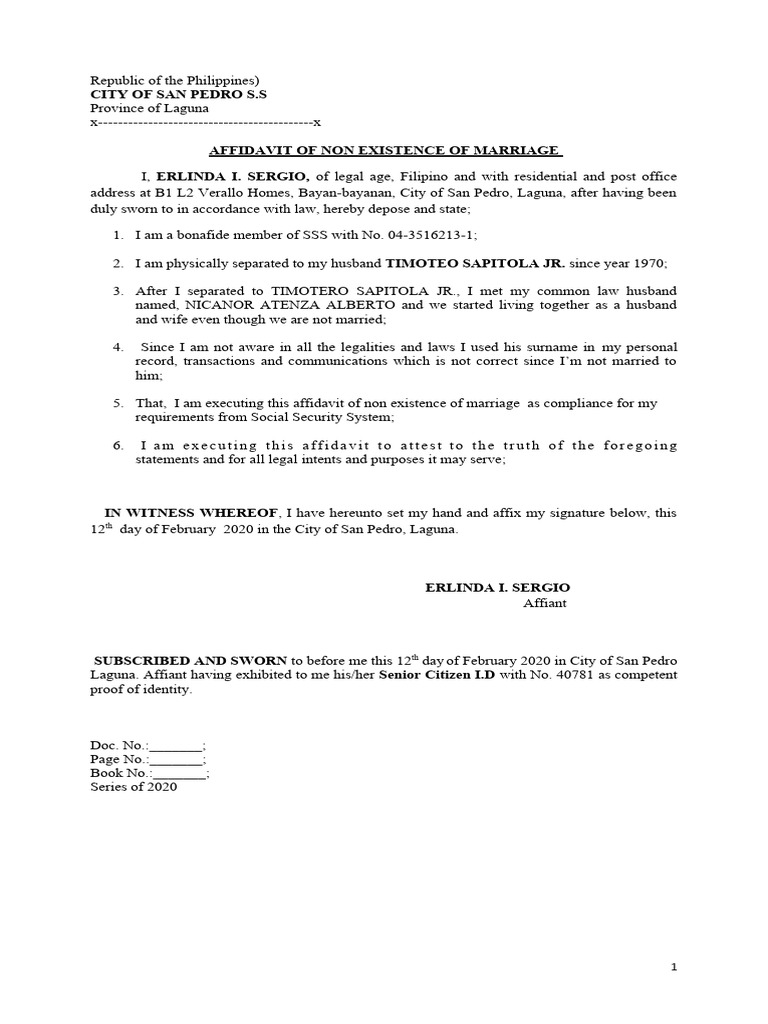 Sworn statement non existence of marriage pdf