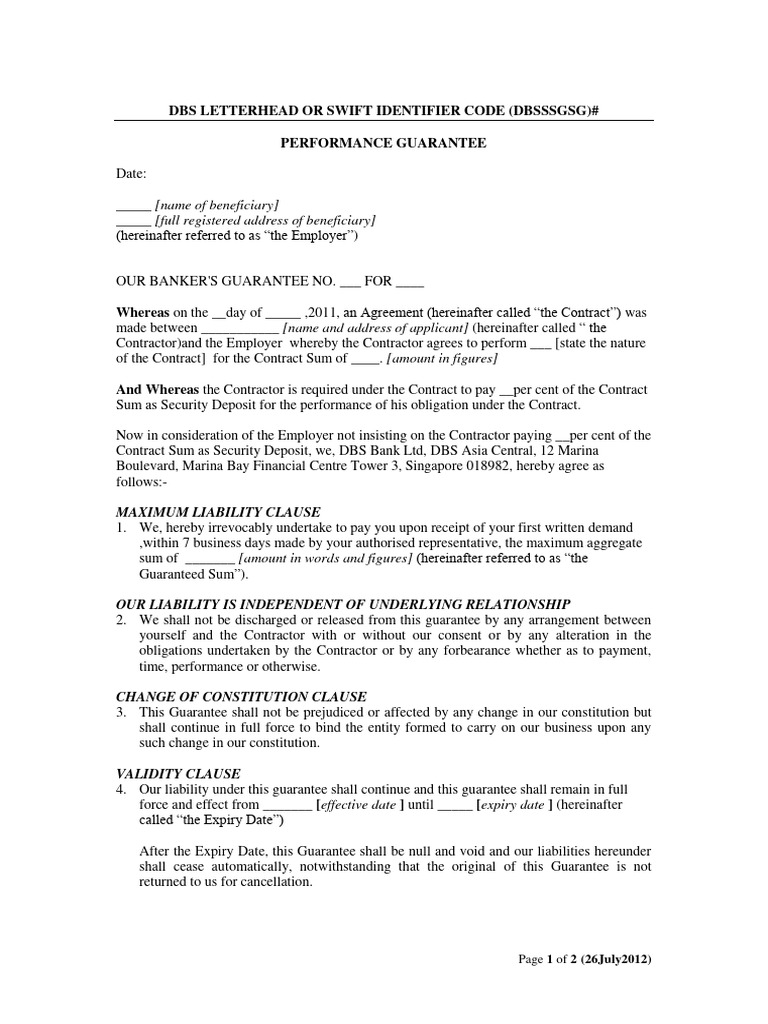 DBS Performance Guarantee Template | PDF | Guarantee | Contract Law