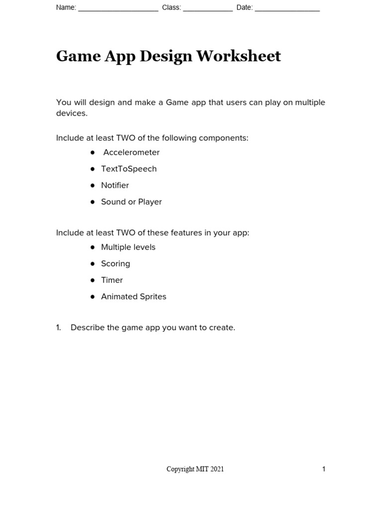 Game app design worksheet pdf