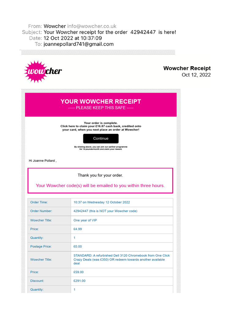 Your Wowcher Receipt For The Order 42942447 Is Here! PDF