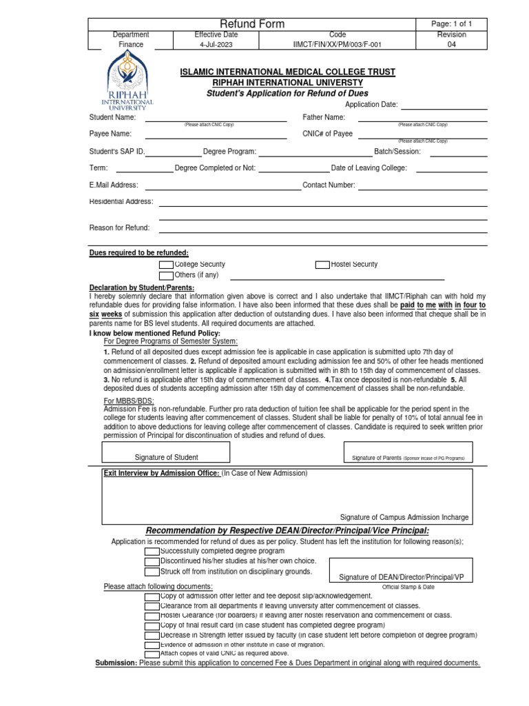Riphah University Fee Refund Application | PDF