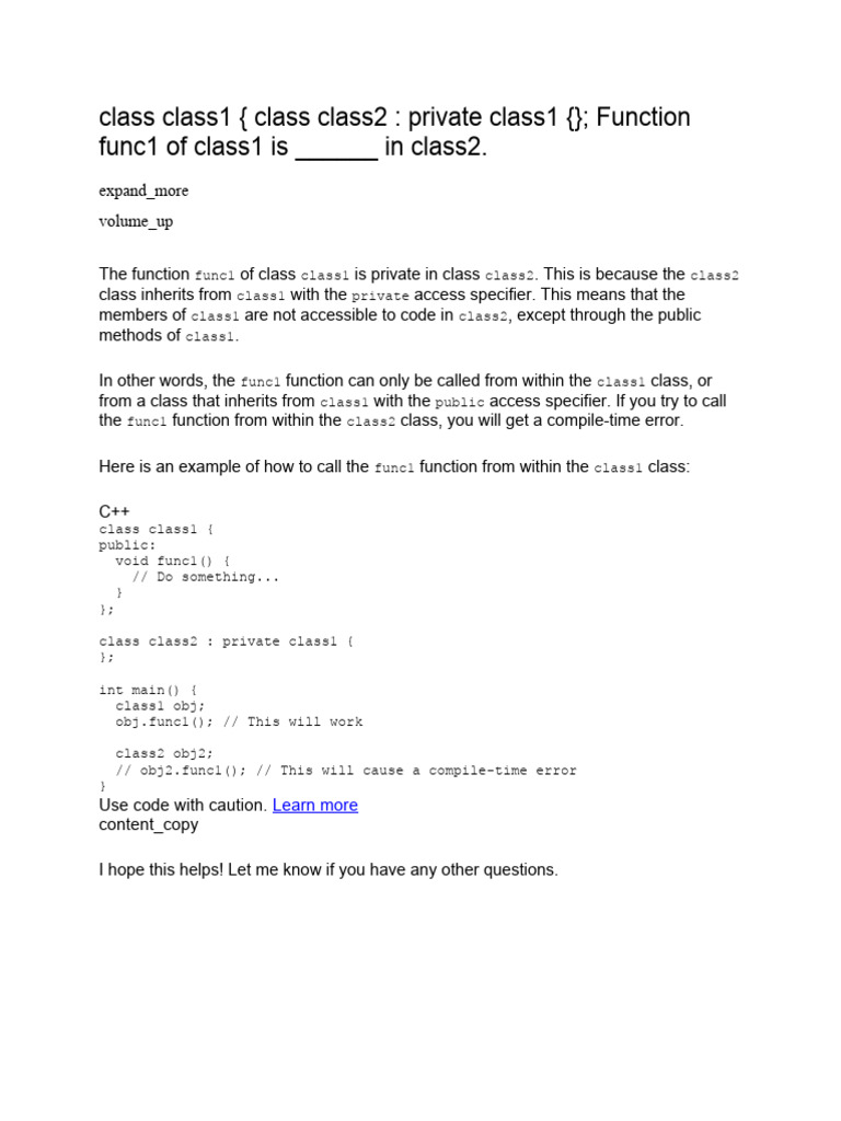 Class Class1 (Class Class2: Private Class1 Function Func1 of Class1 Is ...