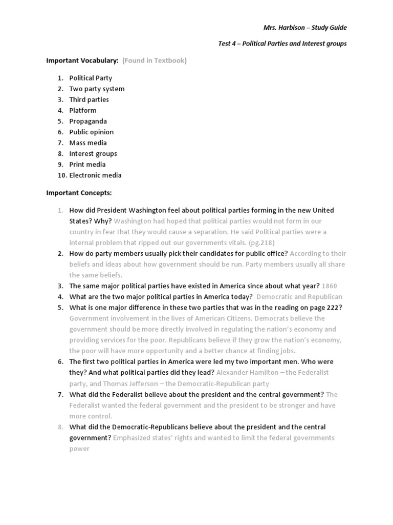 Study Guide Test 4 Parites | PDF | Federalist Party | Whig Party ...