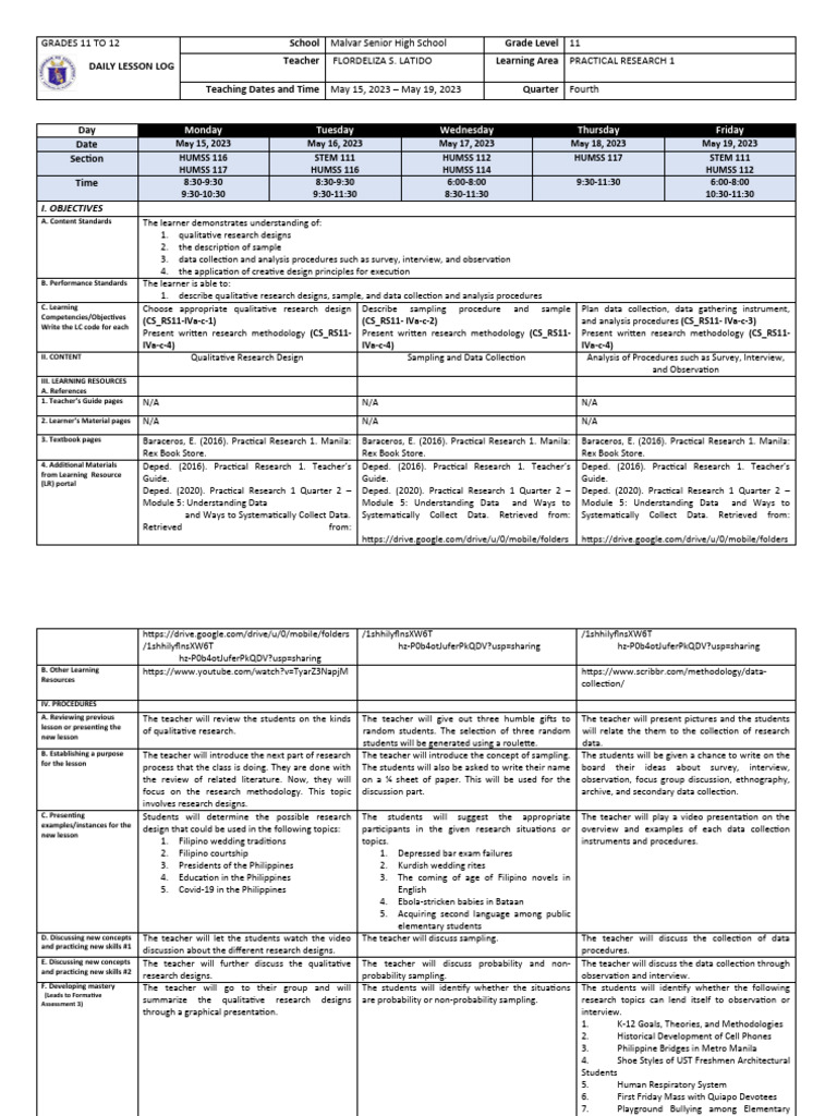 Practical Research 1 Lesson Plan | PDF | Methodology | Qualitative Research