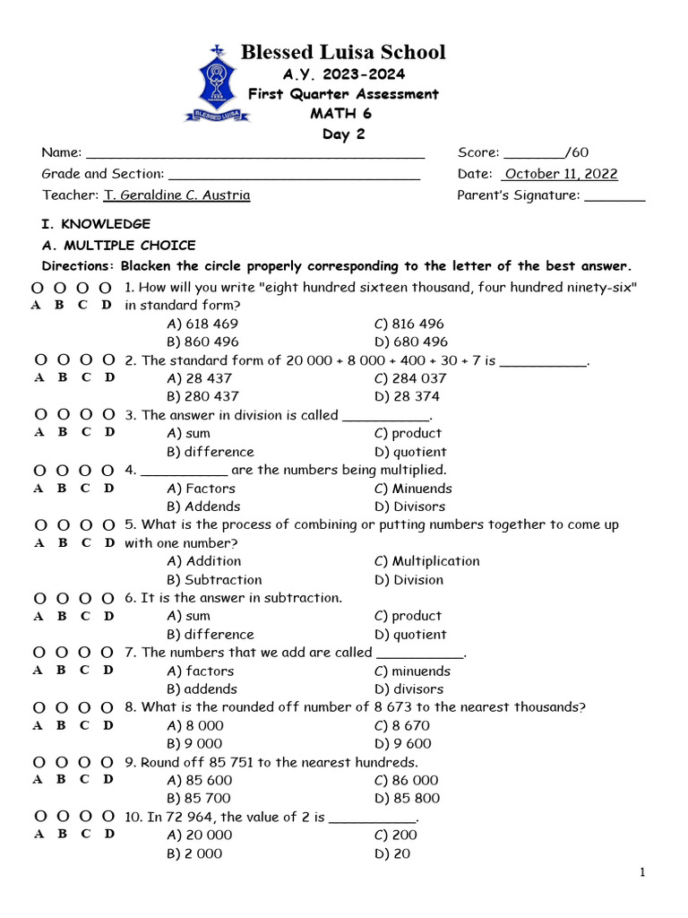 1st QA Math 6 | PDF